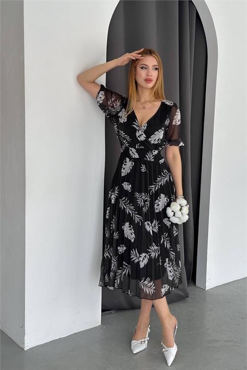 kadın siyah yeni sezon piliseli yazlık şifon elbise DPQ005