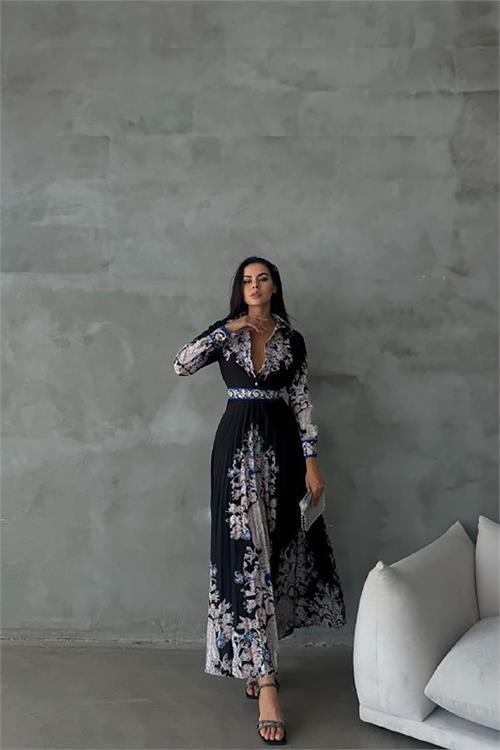 kadın siyah atlas kumaş desenli elbise DPMS42131