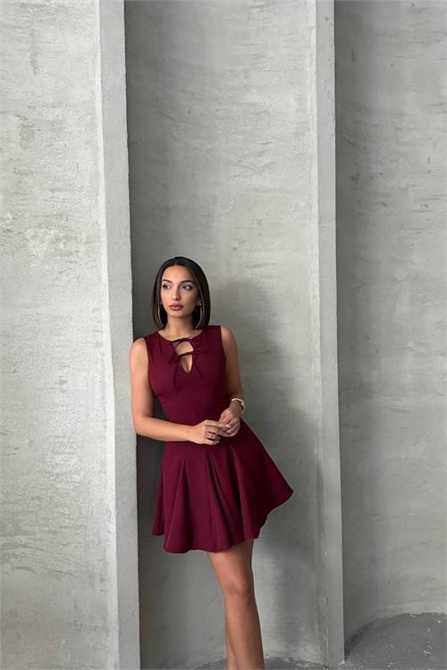 kadın yakası bağlama detaylı likralı mini elbise DPG084