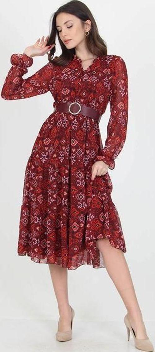 kadın kemerli yakası bağlama detaylı desenli şifon elbise RSSN02