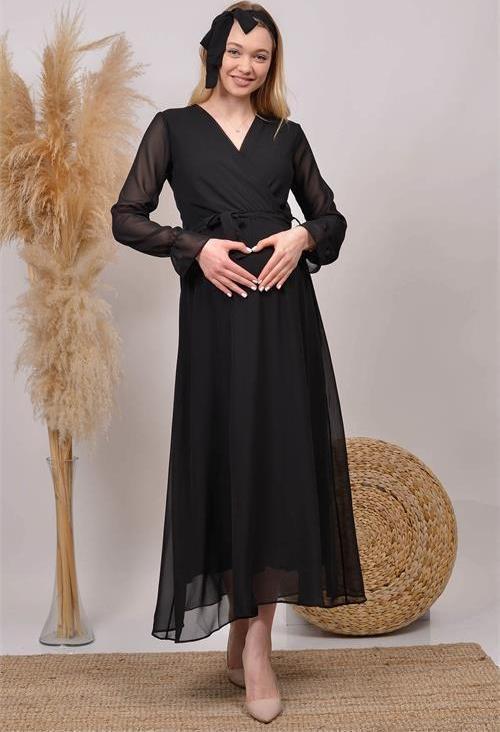 kadın siyah kruvaze yaka baby shower şifon hamile elbise HML003