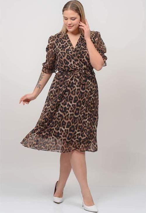 kadın kruvaze yaka midi boy büyük beden leopar Desenli şifon elbise DP80622