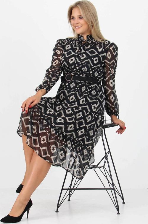 kadın desenli midi boy büyük beden kemerli şifon elbise APCX18