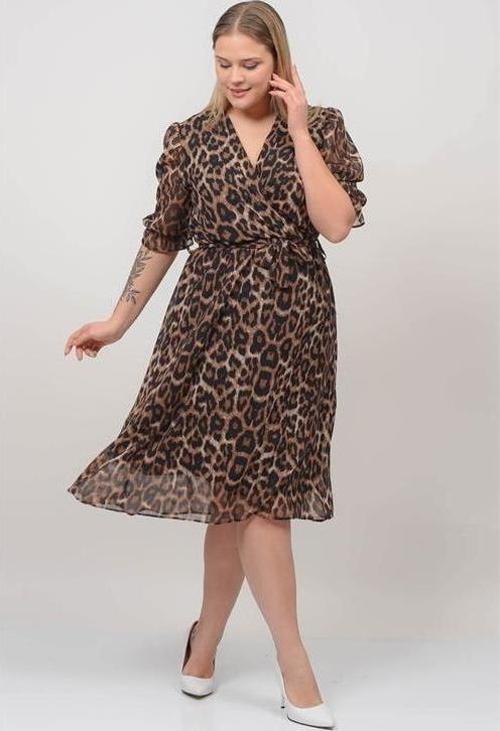 kadın kruvaze yaka midi boy büyük beden leopar Desenli şifon elbise DP80622