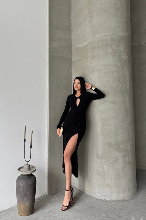 SANDY ELBİSE BÜZGÜ DETAYLI - Siyah