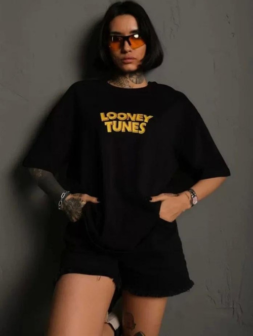 Unisex Bisiklet Yaka Baskılı Oversize T-Shirt - Siyah