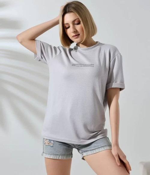 Unisex Bisiklet Yaka Baskılı Slim Fit T-Shirt - Boyalı Gri