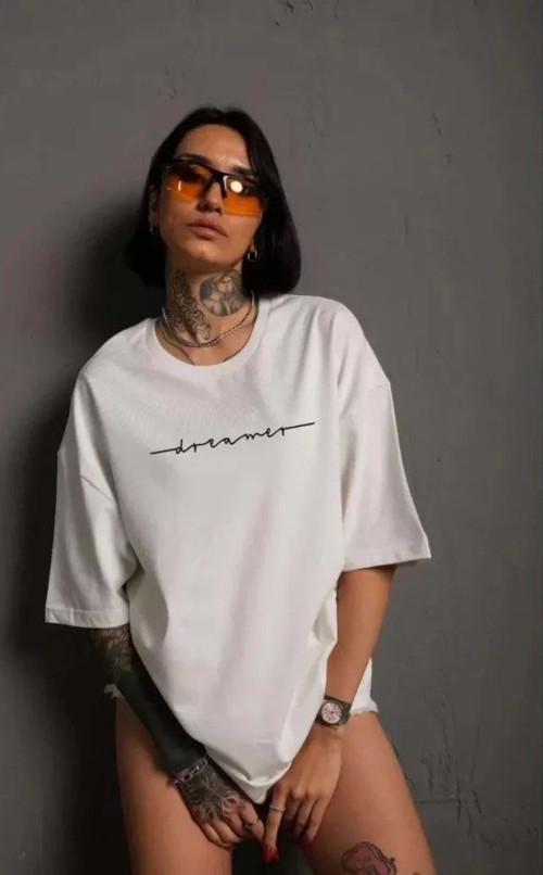 Unisex Bisiklet Yaka Baskılı T-Shirt - Beyaz
