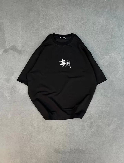 Unisex Bisiklet Yaka Baskılı Oversize T-Shirt - Siyah