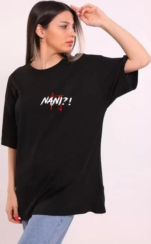 Unisex Bisiklet Yaka Baskılı Oversize T-Shirt - Siyah