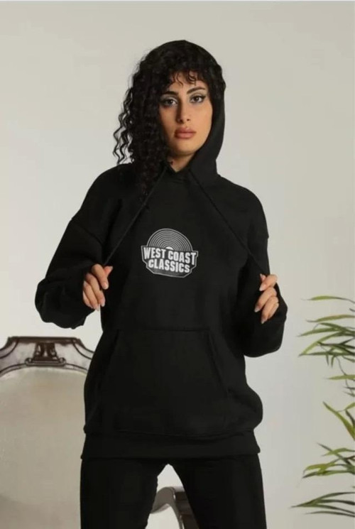 Unisex Sırt Baskılı Kapüşonlu Üç İplik Oversize Sweatshirt - Siyah