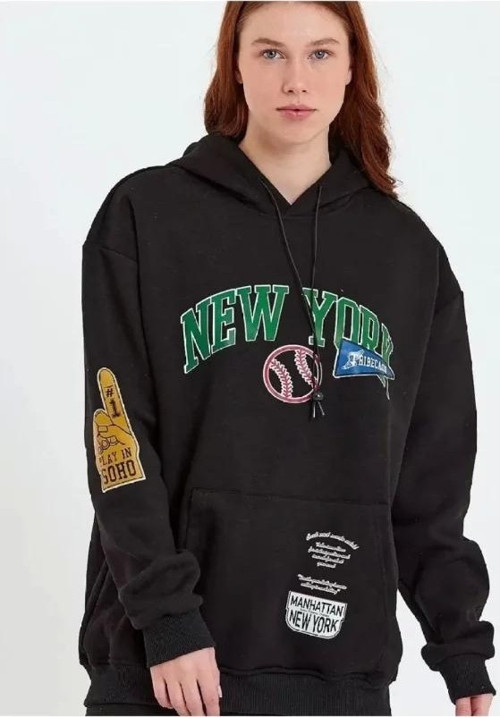 Baskılı Kapüşonlu Sweatshirt - Siyah