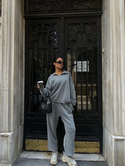 Yıkamalı Iki Iplik Kumaş Yakalı Fermuarlı Oversize Eşofman Takımı - Gri