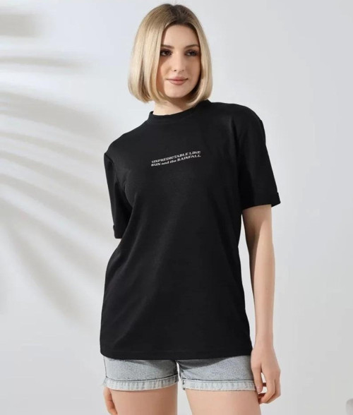 Unisex Bisiklet Yaka Baskılı Slim Fit T-Shirt - Siyah