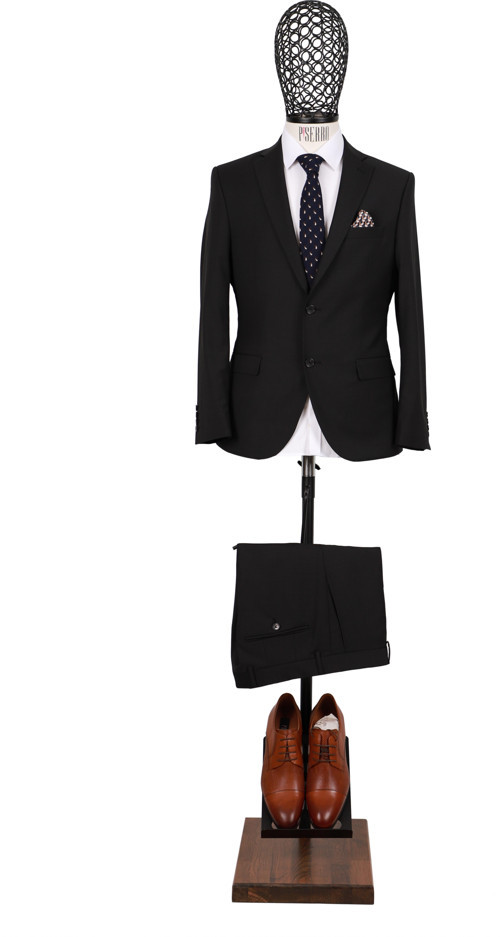 Slim Fit Yünlü Siyah Takım Elbise