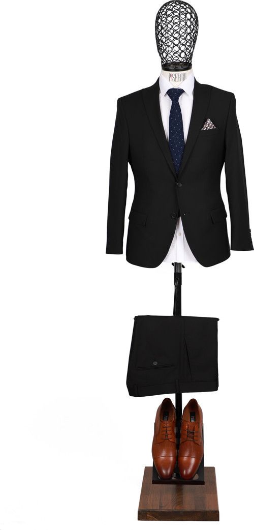 Slim Fit Yünlü Siyah Takım Elbise