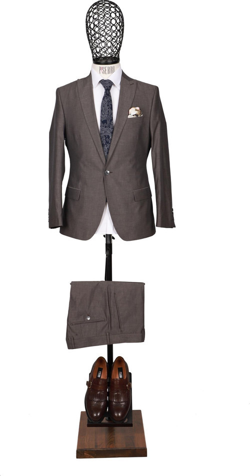 Slim Fit Pamuklu Kahverengi Takım Elbise