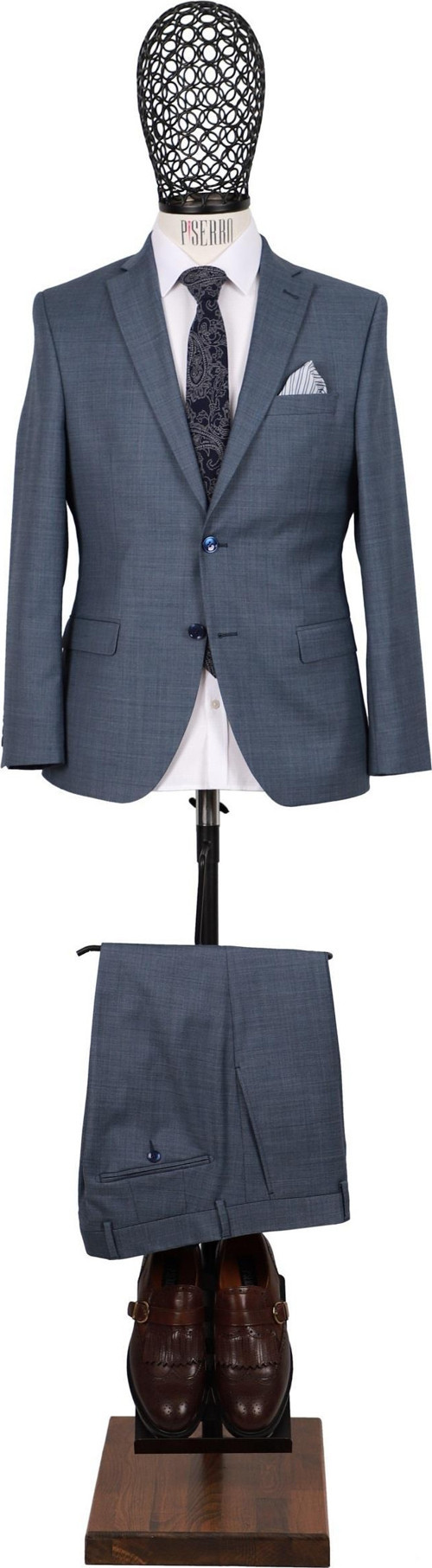 Slim Fit Yünlü Koyu Mavi Takım Elbise