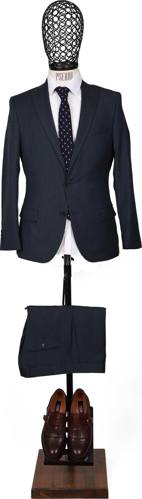 Slim Fit Yünlü Lacivert Takım Elbise