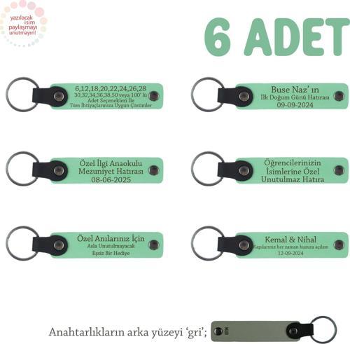 Açık Yeşil & Gri, Anaokulu Miniklerine İsimli Karne Hatırası Anahtarlık 6’lı Set, Hediyelik Anı