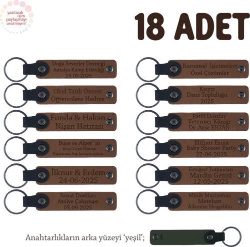 Kahverengi & Yeşil, Anaokulu İçin İsim Yazılı Karne Hatırası Anahtarlık 18’li Set, Öğrencilere Özel