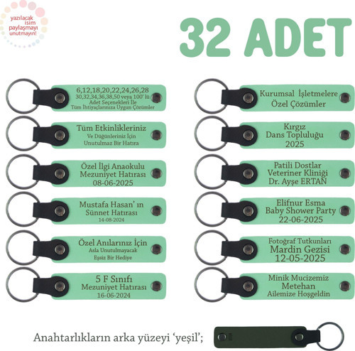Açık Yeşil, Bebek Mevlidi Hediyesi İçin, İsim Yazılı Anahtarlık 32’li Set, Misafirlerinize Hatıra