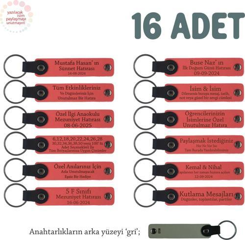 Nar Çiçeği & Gri, 40 Uçurma Mevlüdü İçin Üzerine İsim Yazılabilen 16'lı, Anı Anahtarlık Set