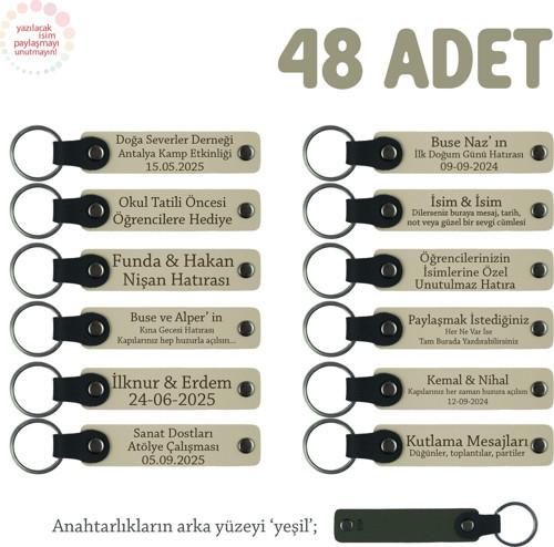 Sütlü Kahve & Yeşil, Babyshower Partilerine Özel Hediyelik Anahtarlık 48'li Set, Bebek İsmi Yazılı