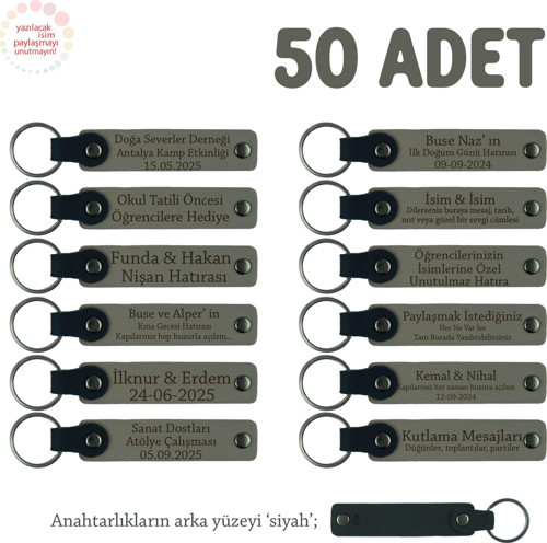 Kül Gri & Siyah, Öğretmenler Günü Hediyesi, İsme Özel, 50'li Hatıra Deri Anahtarlık