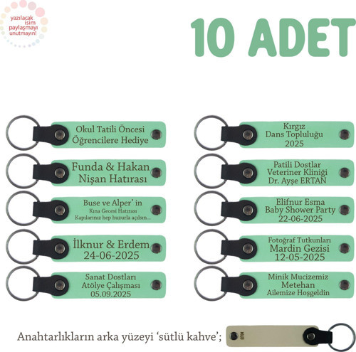 Açık Yeşil & Sütlü Kahve, Anneler Günü İçin İsim Yazılı Hatıra Anahtarlık 10’lu Set