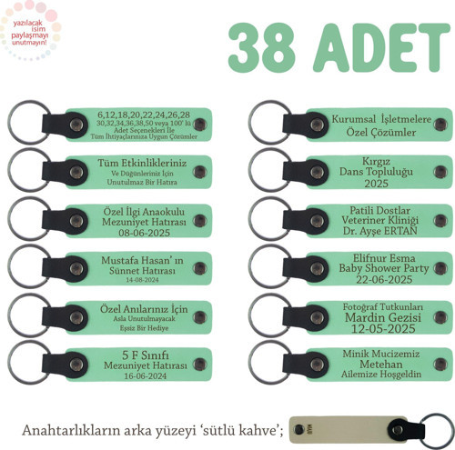 Açık Yeşil & Sütlü Kahve, Yeni Yıl Kutlaması İçin Mesaj Ve İsim Yazılan Hatıra Anahtarlık 38’li Set