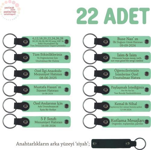 Açık Yeşil & Siyah, Anaokulu Anısı Olarak Üzerinde İsim Yazılı Anahtarlık 22’li Set, Özel Hediye