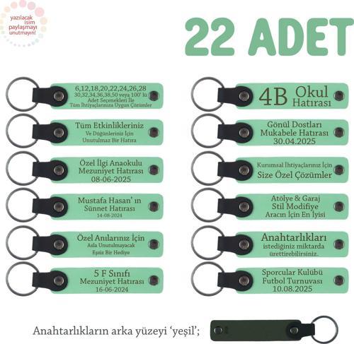 Açık Yeşil & Yeşil, Anaokulu Anısı Olarak Üzerinde İsim Yazılı Anahtarlık 22’li Set, Özel Hediye