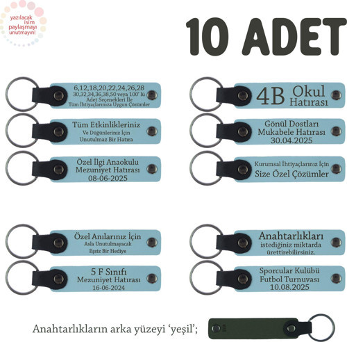 Gök Mavi & Yeşil, Turnuvalar İçin Üzerine İsim Ve Özel Mesaj Yazılabilen, 10'lu Anahtarlık Set