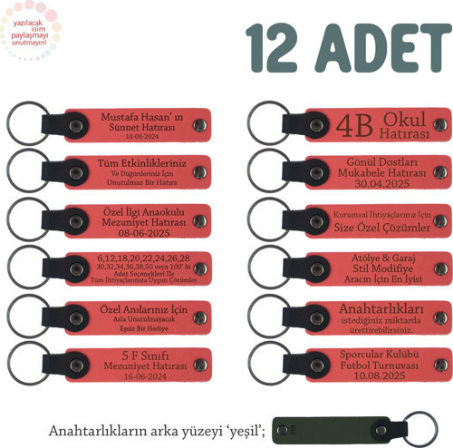 Nar Çiçeği & Yeşil, Sınıf Annelerinden Öğrencilere Hediyelik Hatıra, 12'li İsme Özel Anahtarlık Set