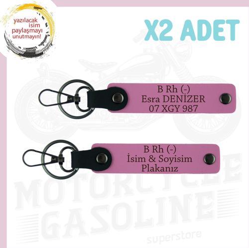Pembe, Motorcuya İsim Plaka ve B Rh (-) Kan Grubu Yazılı Kişiselleştirilmiş Deri 2'li Anahtarlık Set