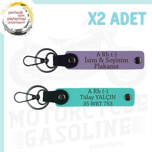 Mor Menekşe-Turkuaz, Motosiklet Aşıkları İçin, İsim Plaka ve A Rh (-) Kan Grubu, 2'li Anahtarlık Set