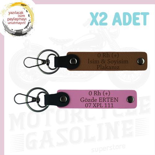 Açık Kahve-Pembe, Motosiklet Aşıkları İçin, İsim Plaka ve 0 Rh (+) Kan Grubu Yazılı 2'li Anahtarlık