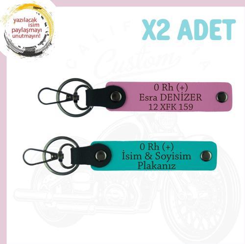 Koyu Turkuaz-Pembe, Sürücülere, İsim Plaka ve 0 Rh (+) Kan Grubu Yazılı, Motorcu Anahtarlığı Takım
