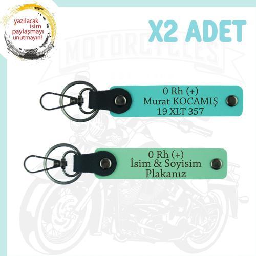 Yeşil-Turkuaz, Motor Severlere, İsim Plaka ve 0 Rh (+) Kan Grubu Yazılı Özel Tasarım x2 Anahtarlık