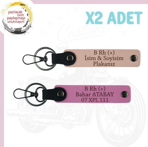 Yavruağzı-Pembe, Bikerlar İçin Özel, İsim Plaka ve B Rh (+) Kan Grubu Yazılı Hediye 2'li Anahtarlık