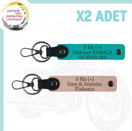 Yavruağzı-Koyu Turkuaz, İsim Plaka ve 0 Rh (+) Kan Grubu Yazılı Acil Durum Motorcu Anahtarlığı 2'li