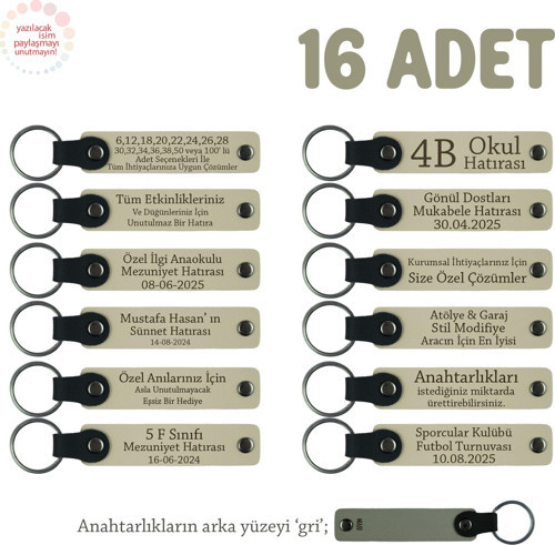 Sütlü Kahve & Gri, 40 Uçurma Mevlüdü İçin Üzerine İsim Yazılabilen 16'lı, Anı Anahtarlık Set