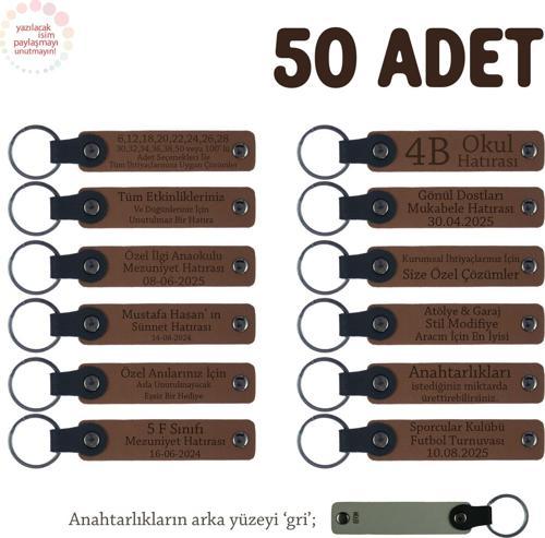 Açık Kahverengi & Gri, Öğretmenler Günü Hediyesi, İsme Özel, 50'li Hatıra Deri Anahtarlık