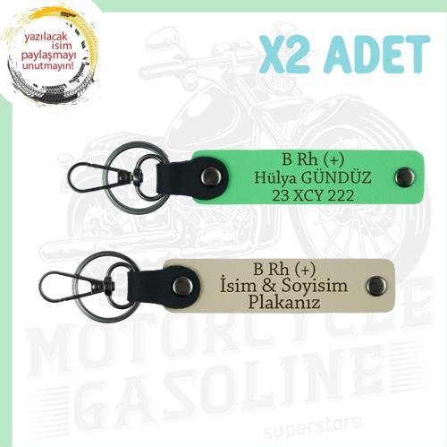 Sütlü Kahve-Fıstık Yeşil, Motorcu Tarzı Plakalı & İsimli Deri 2'li Anahtarlık, B Rh (+) Kan Grubu