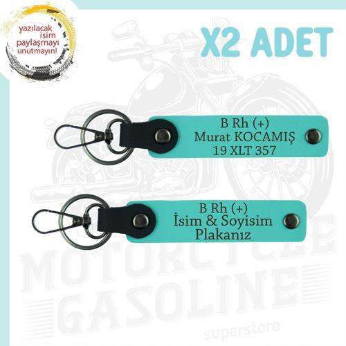 Turkuaz, Motor Plaka ve İsim Anahtarlığında! İsim Plaka ve B Rh (+) Kan Grubu Yazılı 2'li Anahtarlık