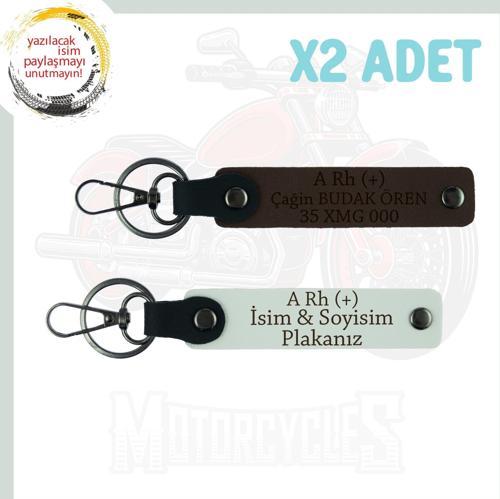 Koyu Kahve-Beyaz, Motor Tutkunlarına, İsim Plaka ve A Rh + Kan Grubu Yazılı Kişisel 2'li Anahtarlık