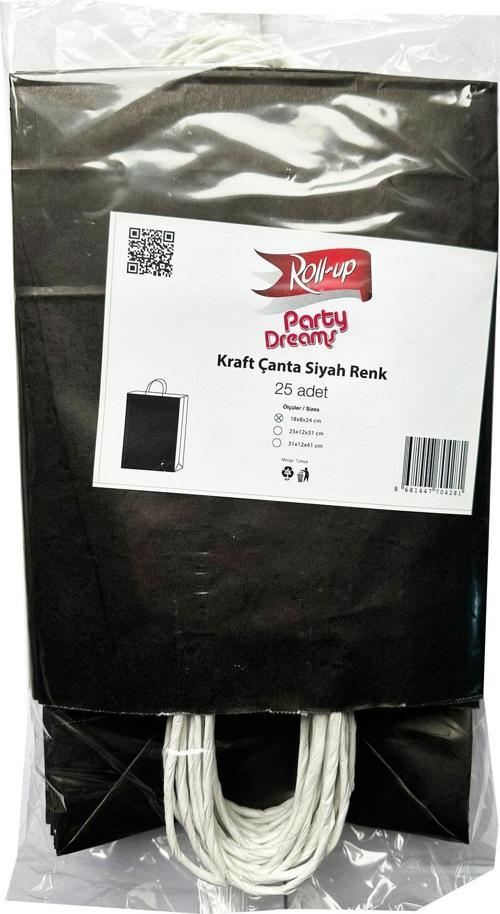 Büküm Saplı Kraft Kağıt Karton Hediyelik Çanta Poşet Torba - Siyah - 25x31 Cm. - 25 Adetlik Paket