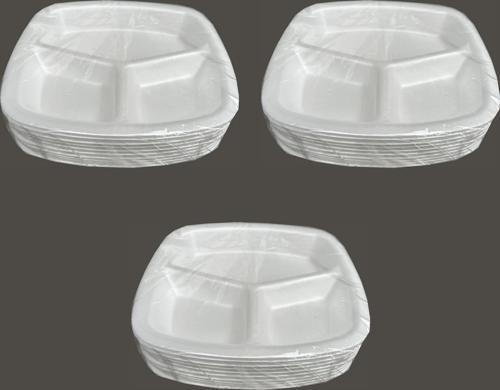 Tek Kullanımlık Köpük 3 Bölmeli Tabldot Köpük Tabak - 23.5x25 Cm. - 10 Adetlik 3 Paket