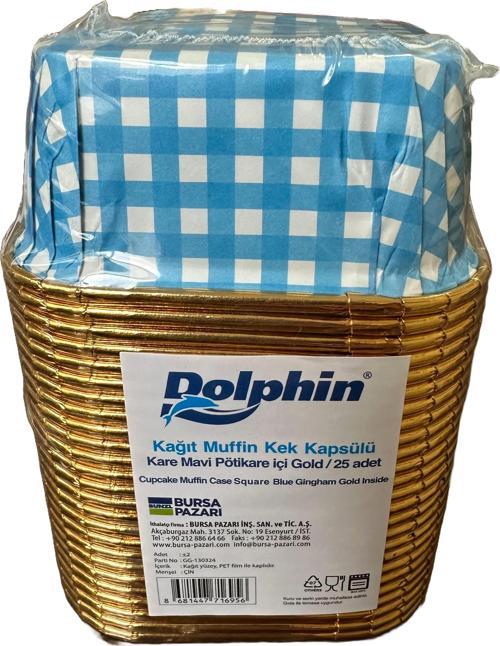 Muffin Kare Kağıt Mavi Puantiyeli Altın Cupcake Kek Kalıbı Kapsülü Kabı - 25 Adetlik 1 Paket